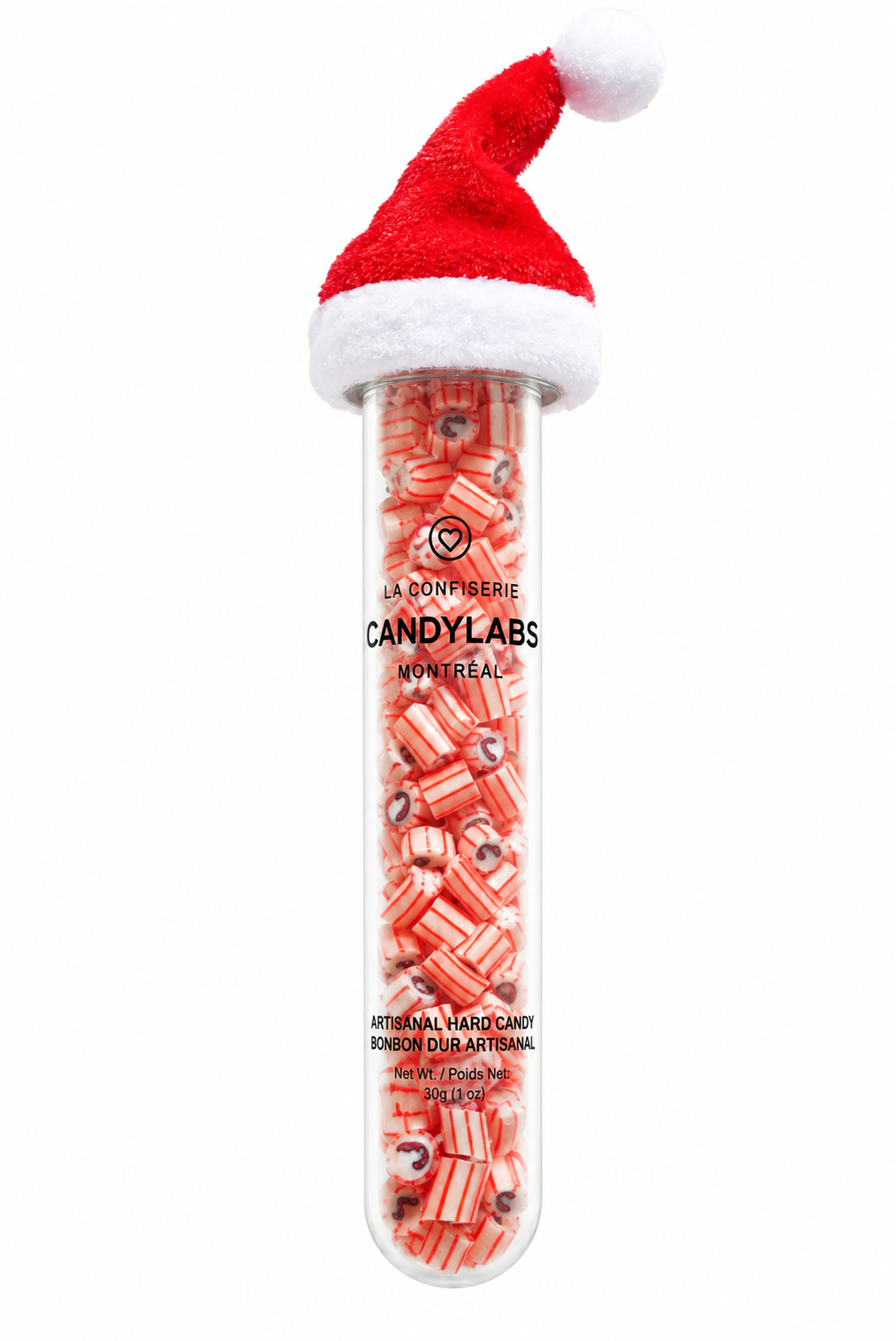 Candy cane raspberry handmade rock candy in a 30g tube with a free mini Santa hat – Candylabs