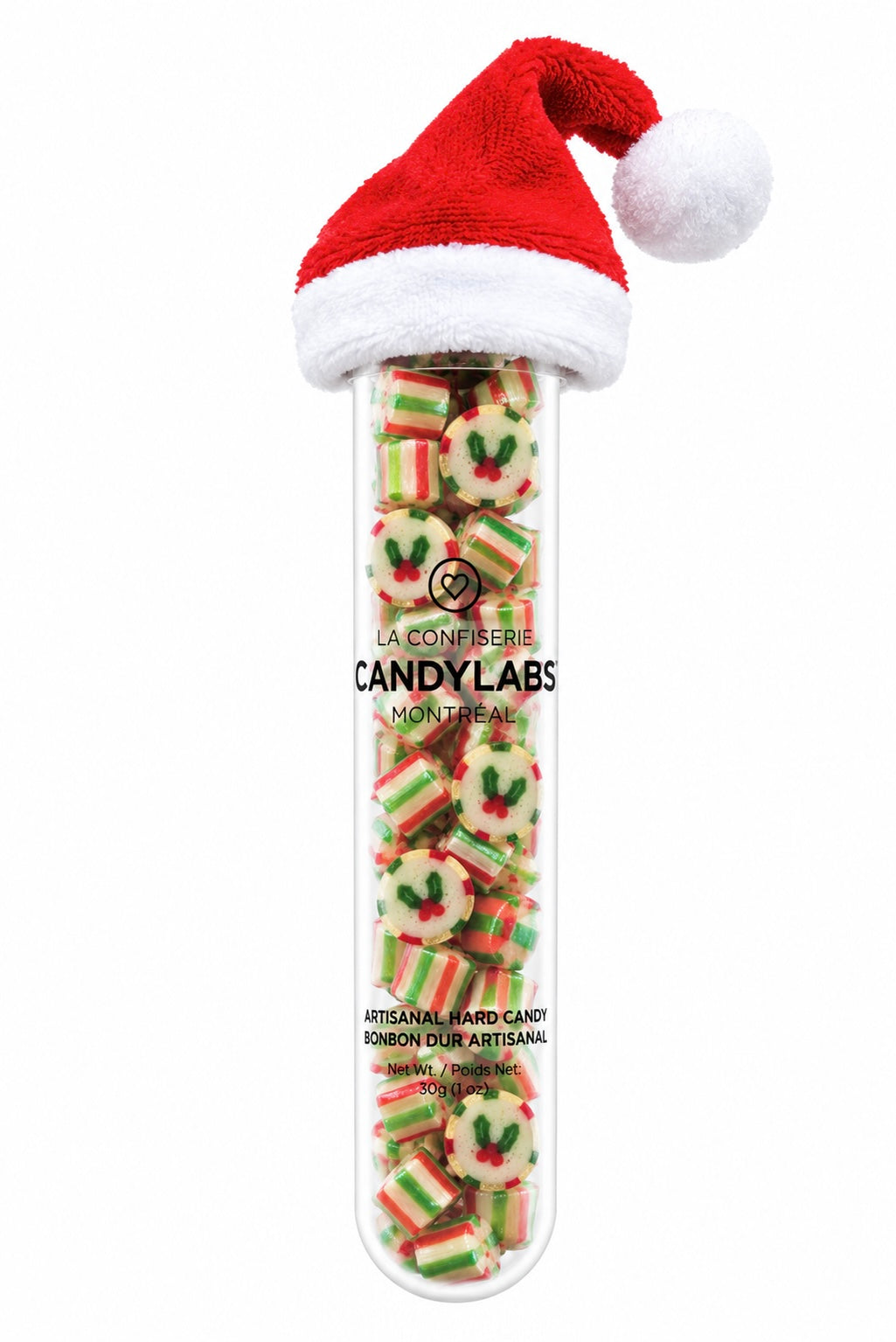 Mistletoe strawberry-kiwi handmade rock candy in a 30g tube with a free mini Santa hat – Candylabs