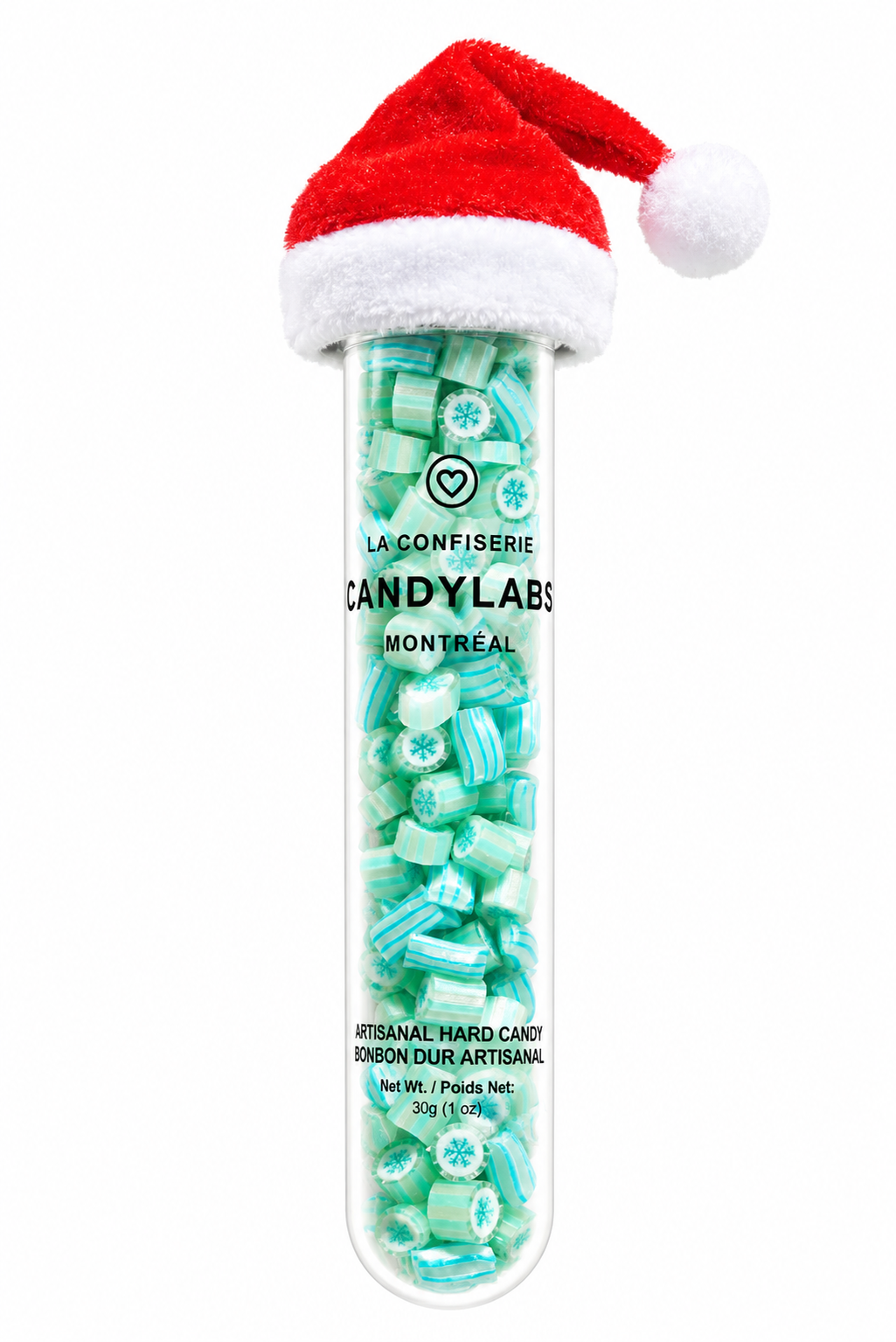 Snowflake blueberry handmade rock candy in a 30g tube with a free mini Santa hat – Candylabs