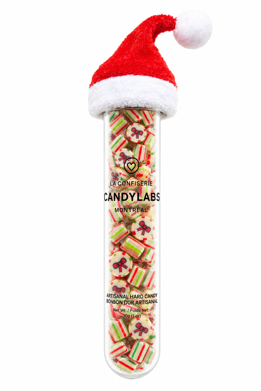 Christmas bow strawberry handmade rock candy in a 30g tube with a free mini Santa hat – Candylabs