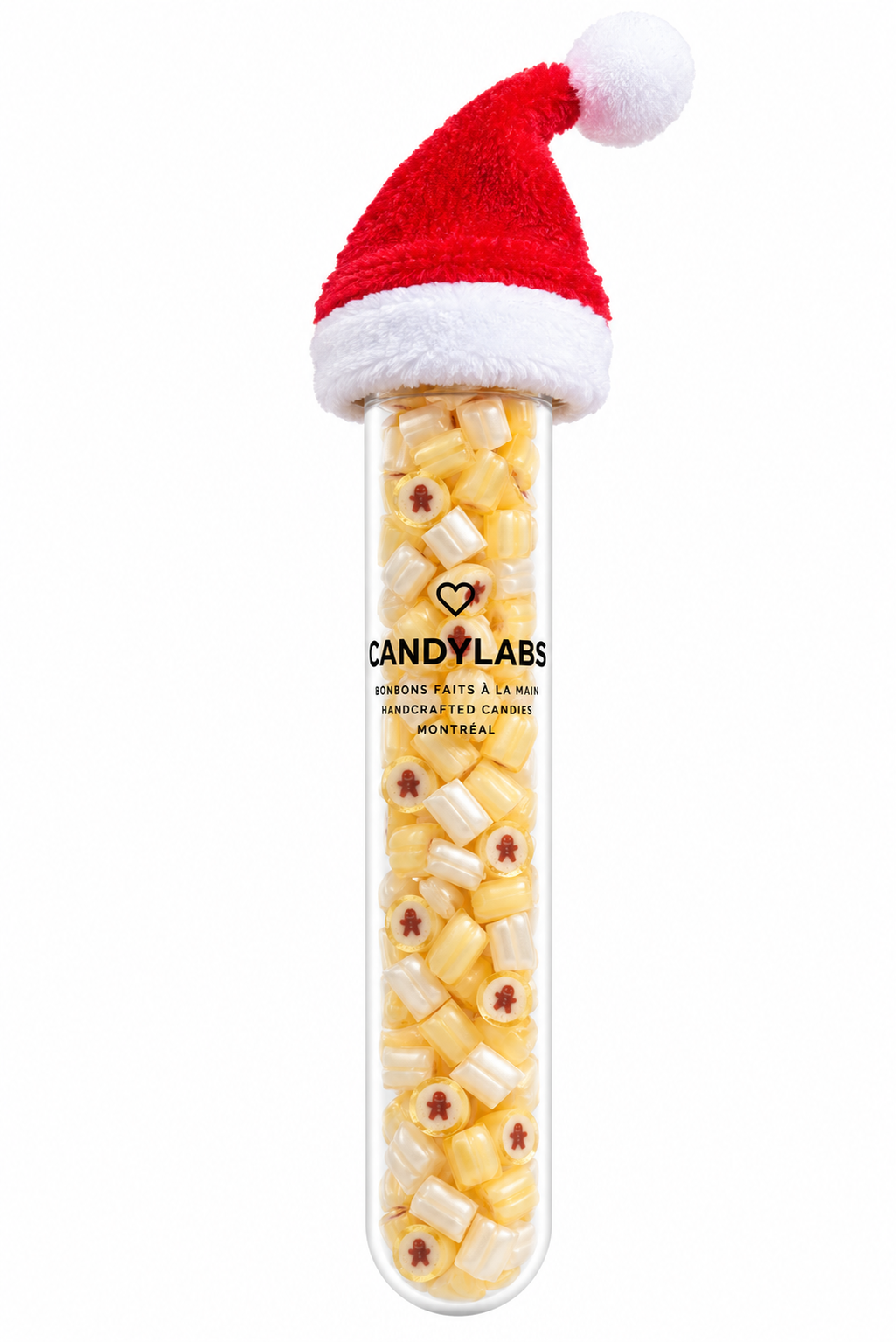 Gingerbread man coconut handmade rock candy in a 30g tube with a free mini Santa hat – Candylabs