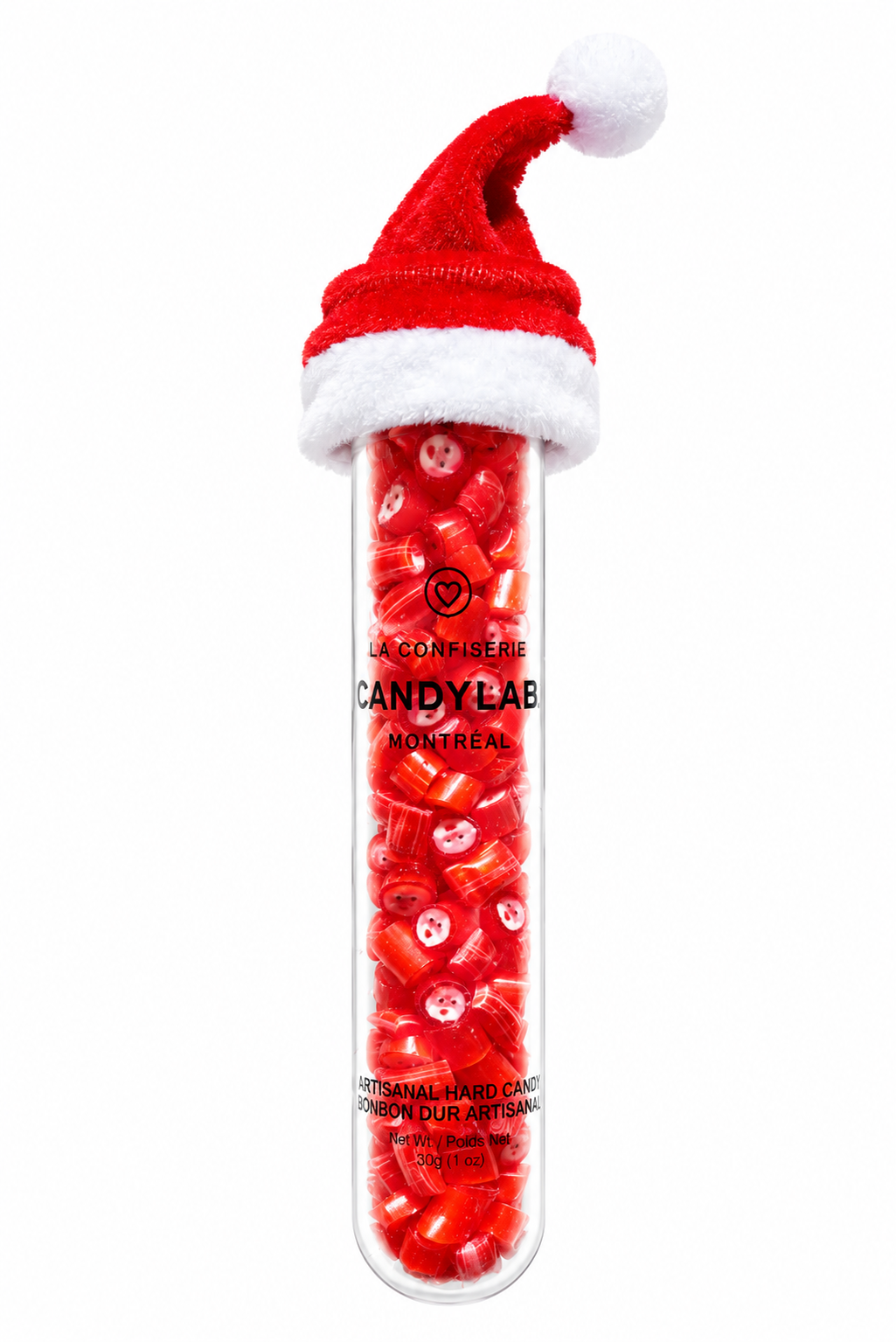 Santa face watermelon handmade rock candy in a 30g tube with a free mini Santa hat – Candylabs